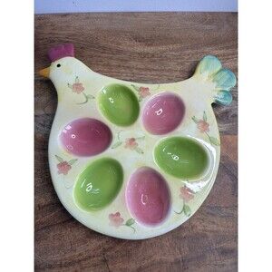 Dennis East Pastel Easter Egg Spring Chicken Egg Holder Platter Hand-Painted